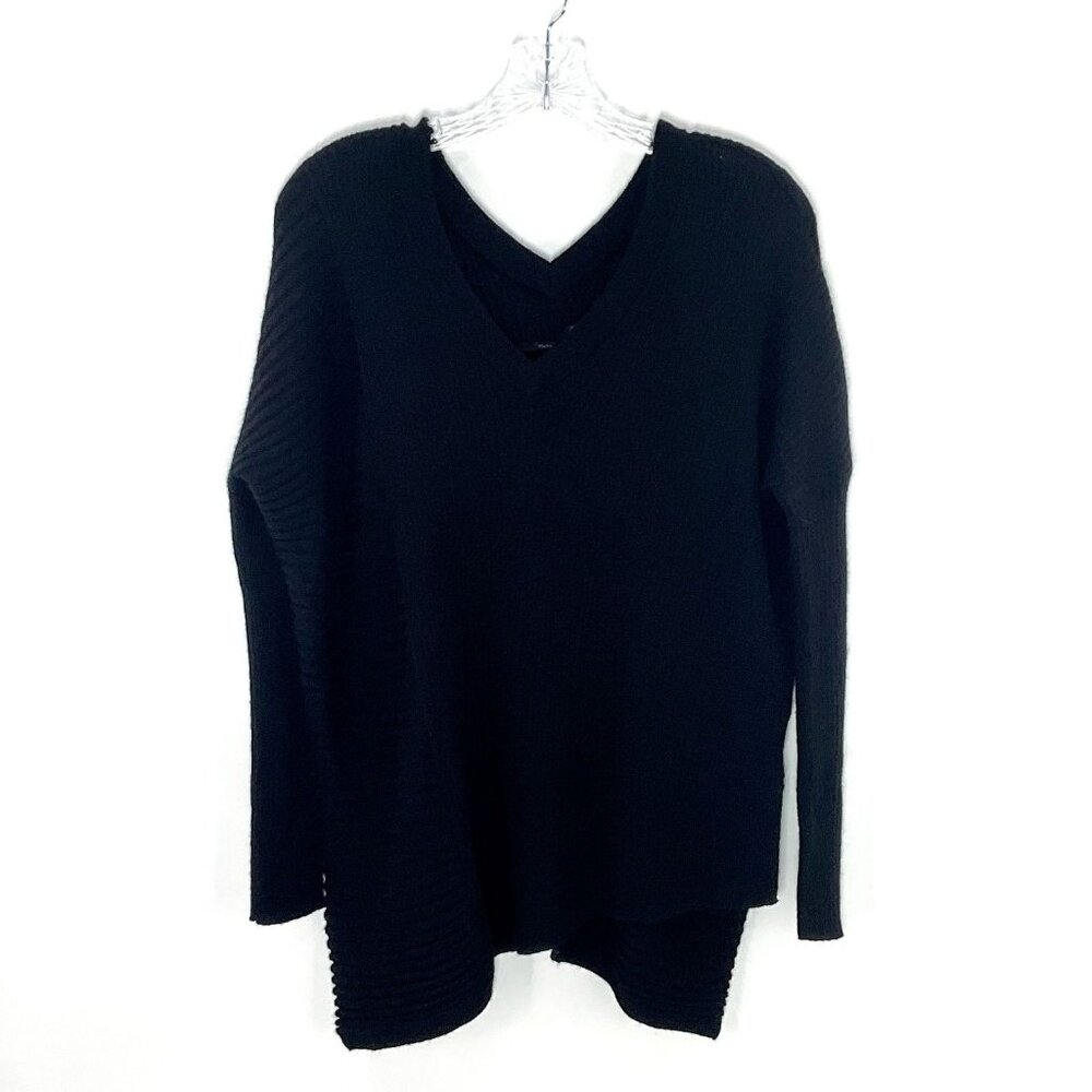 All Saints Sweater Women Xs Black Ribbed Asymmetrical V-Neck Italian Yarn Wool
